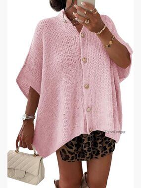 Oversized Short Sleeve Cardigan Lightweight Knit Button Down Casual